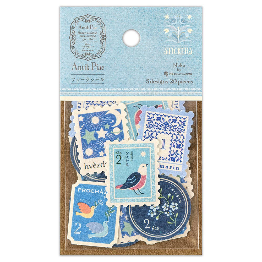 Blue Bird Flower Sky 'Fake' Faux Postage Stamp Decorative Stickers | 'Antik Piae' Series