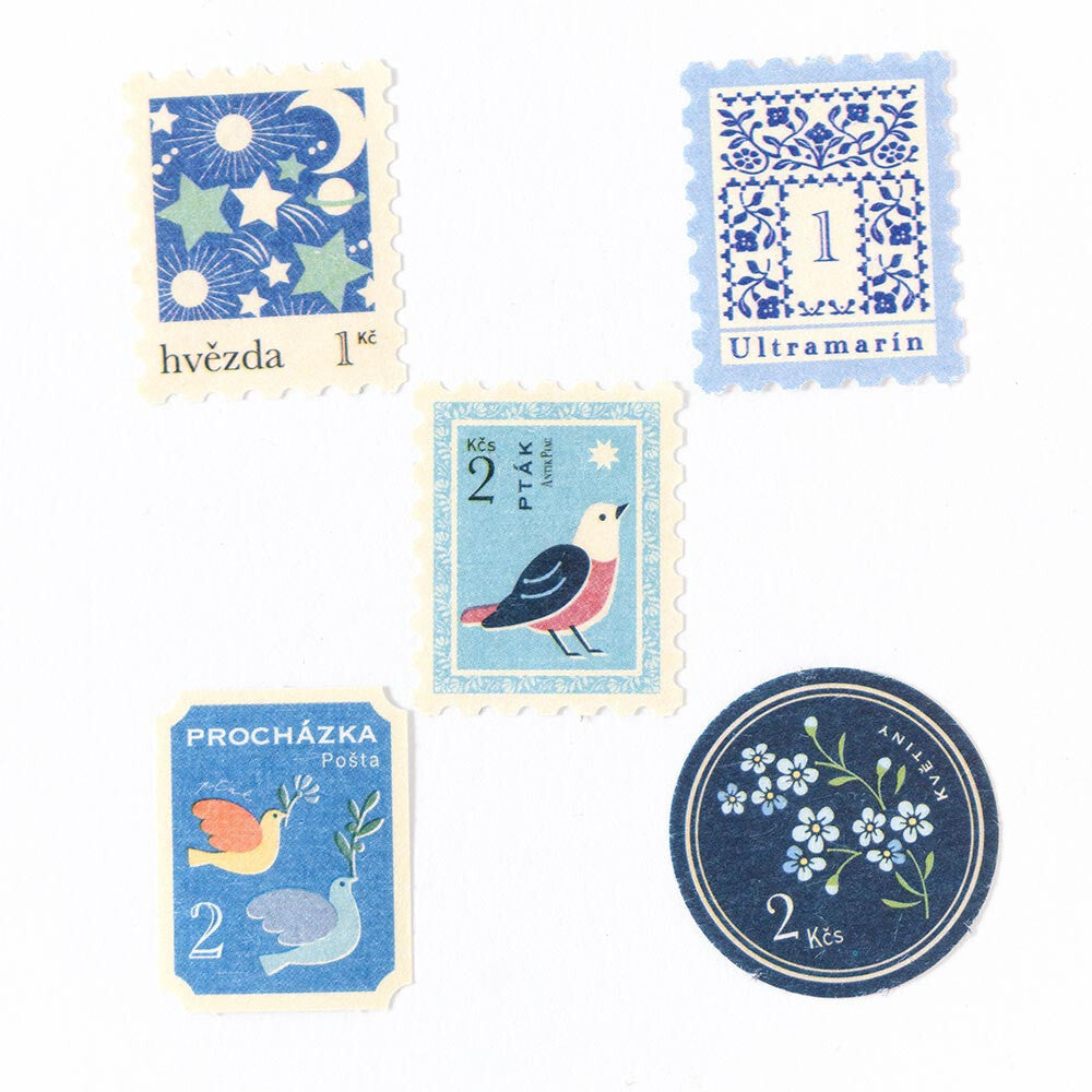 Blue Bird Flower Sky 'Fake' Faux Postage Stamp Decorative Stickers | 'Antik Piae' Series