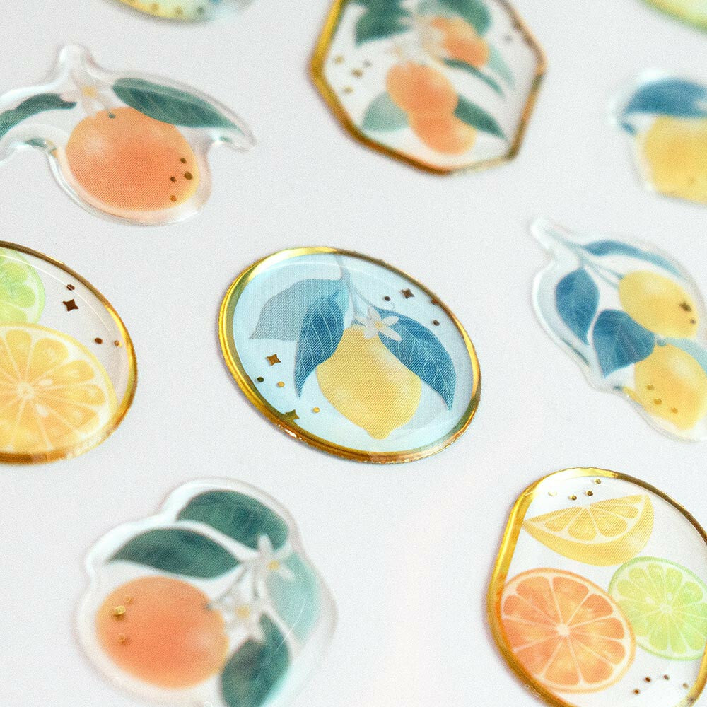 Lemon Orange Lime Juicy Fruit Gold Foil 3D Puffy Stickers Sheet