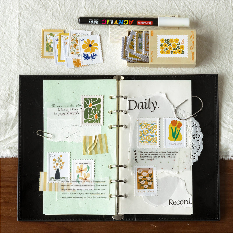 Sunlit Floral Mail Yellow Retro Postage Stamp Style Matchbox Flake Stickers