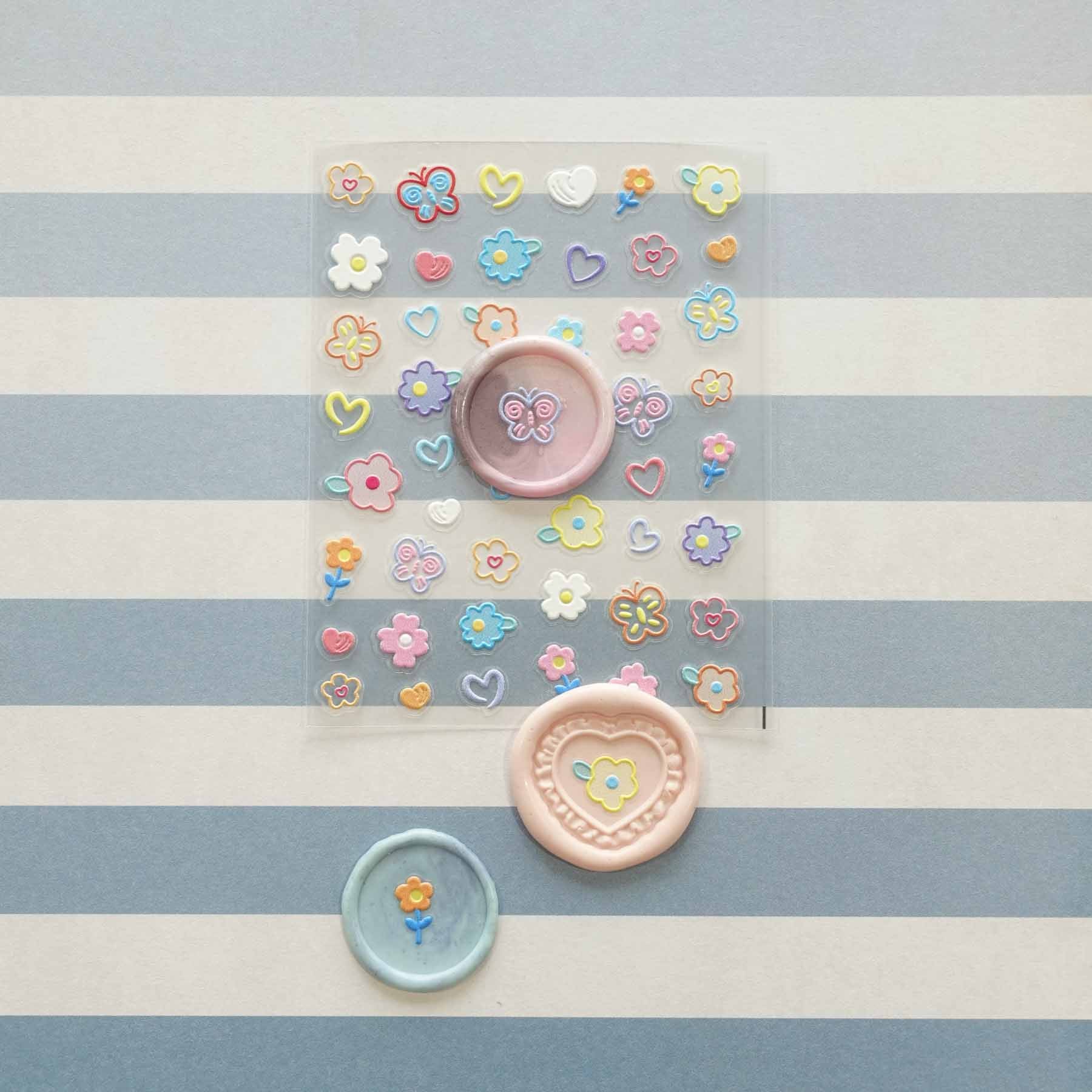 Colourful Drawings Butterfly Flower Heart 3D Clear-backed Decorative Stickers Sheet