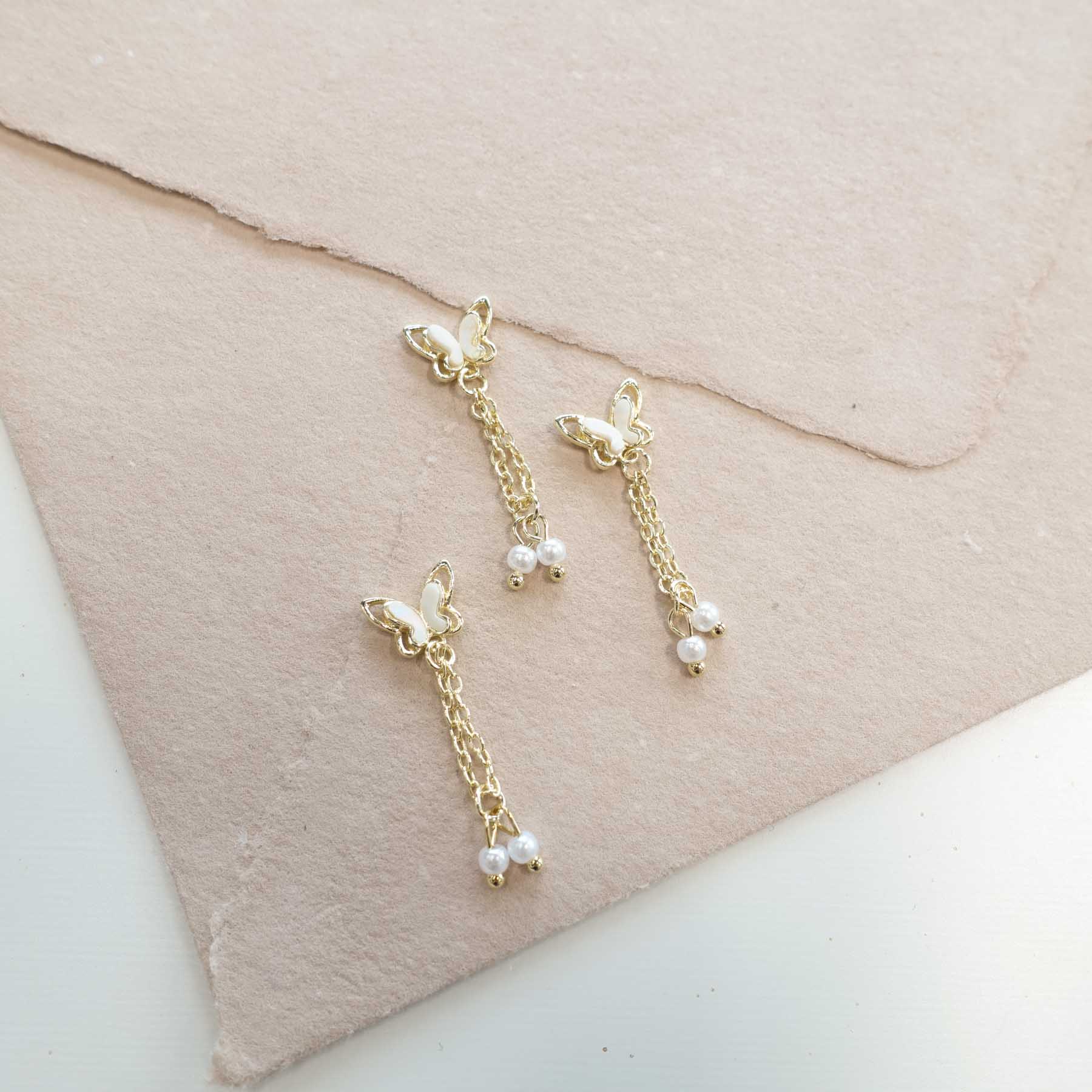 Dangling Butterfly Charms Metal & Pearl Chain 3-Pack