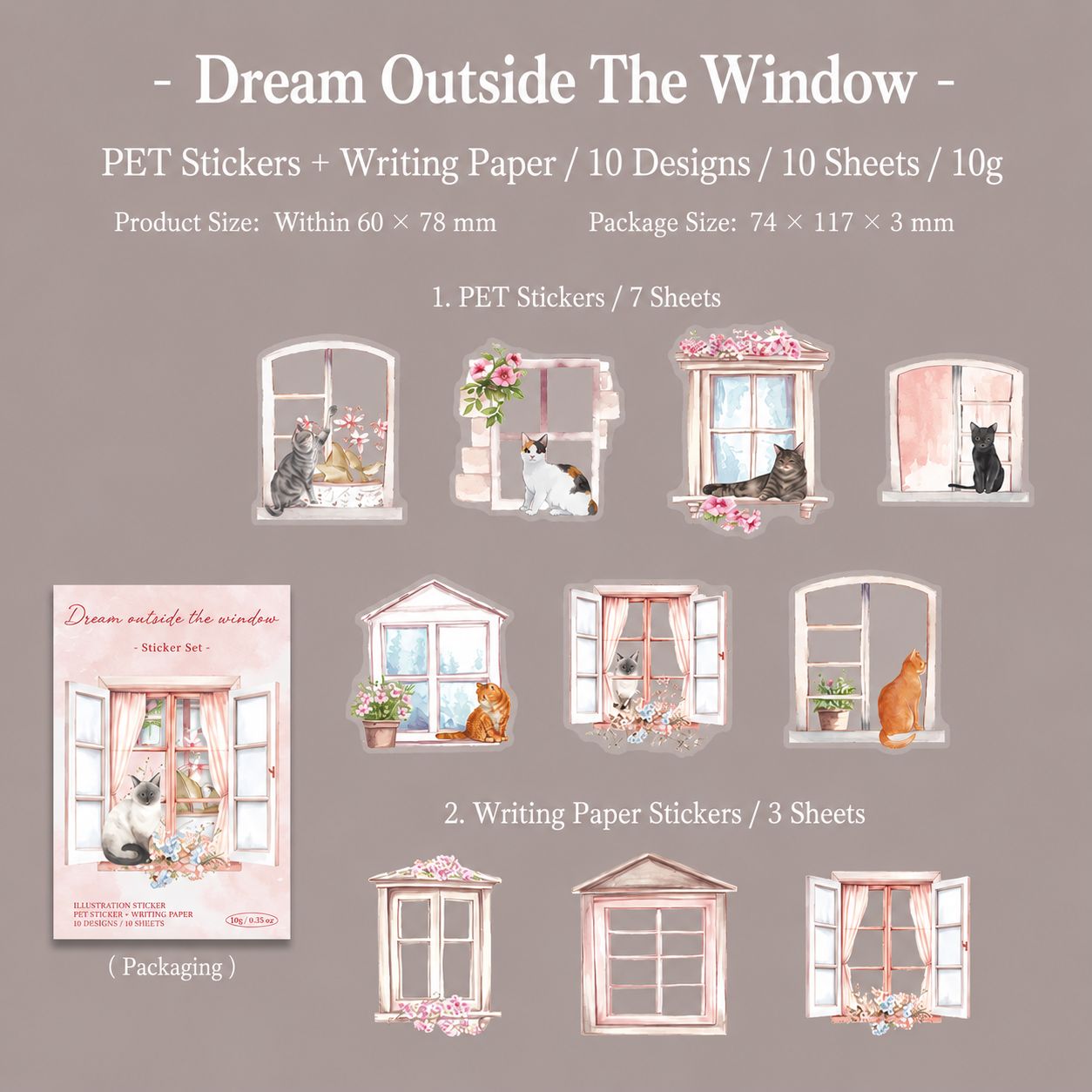 Pink Floral Cat Window Sill 'Dream Outside The Window' Flake Stickers