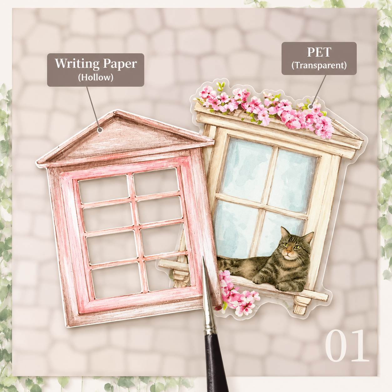 Pink Floral Cat Window Sill 'Dream Outside The Window' Flake Stickers