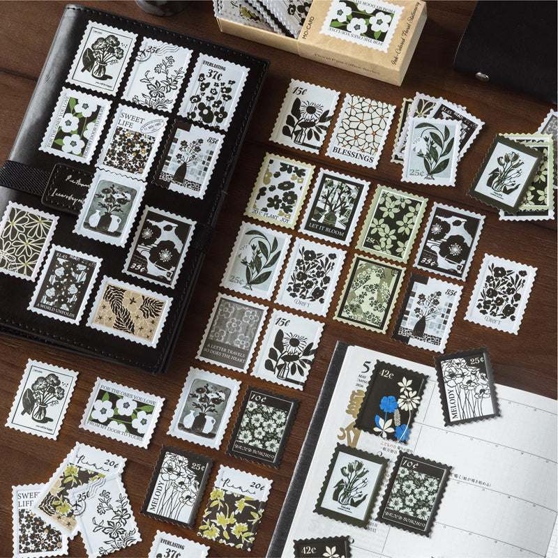 Ink-Colored Floral Stationery Black Retro Postage Stamp Style Matchbox Flake Stickers