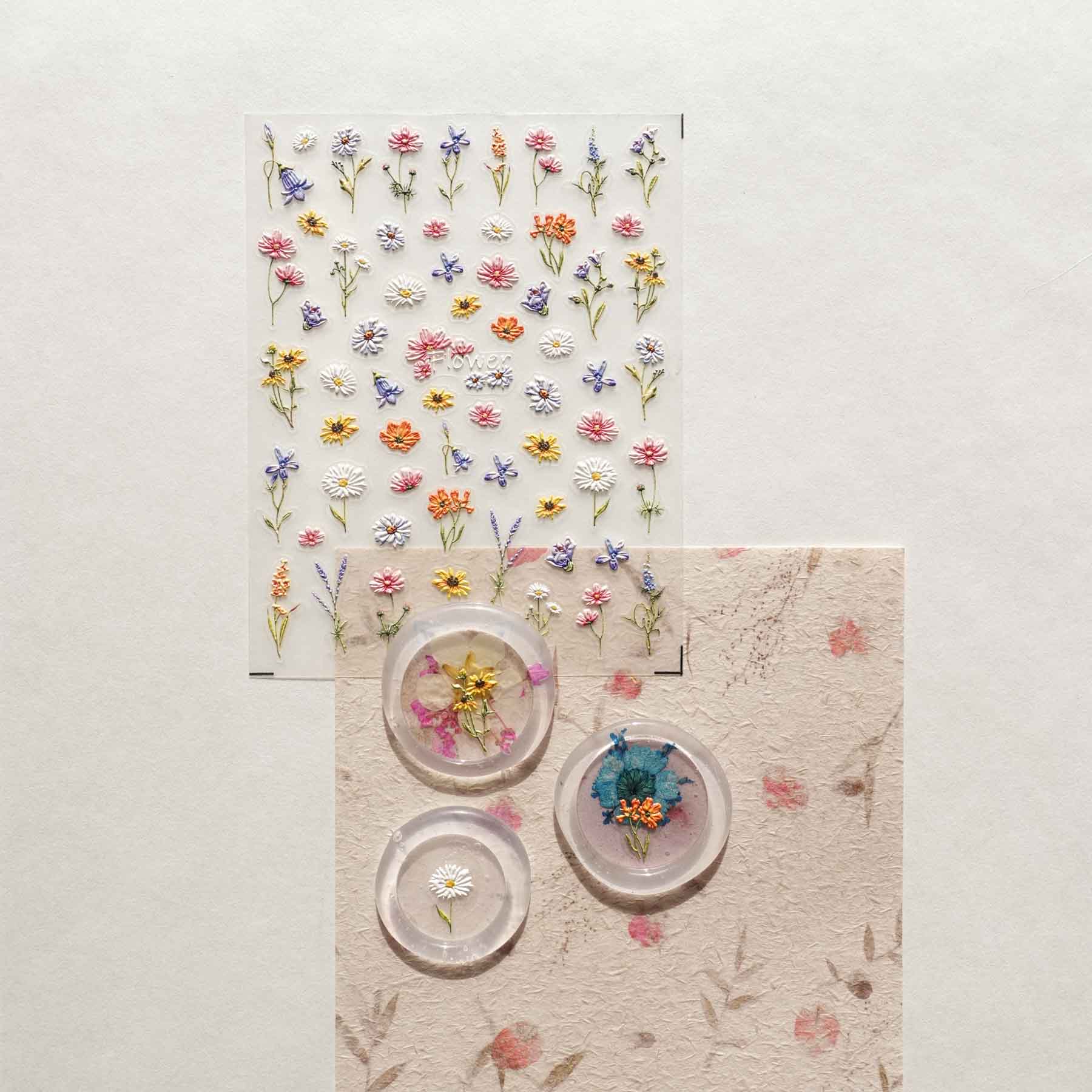 Garden Flowers Daisy Lavender 3D Clear-backed Decorative Stickers Sheet