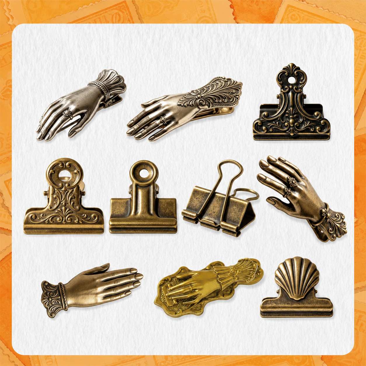 Gilded Bronze Hands Notebook Bulldog 'Vintage Clips Set' Flake Stickers