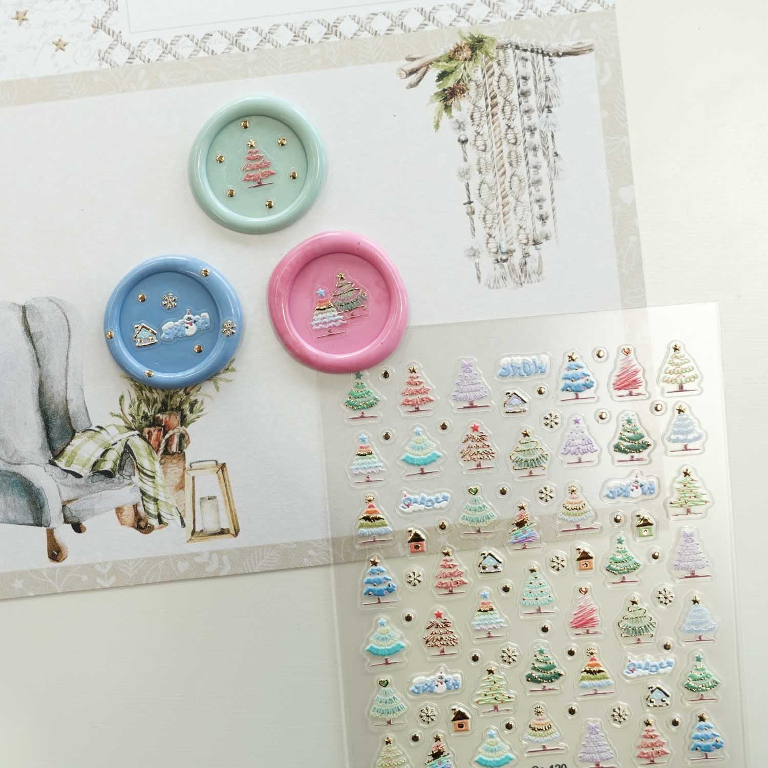 Gold & Pastel Colourful Christmas Trees 3D Clear-backed Decorative Stickers Sheet