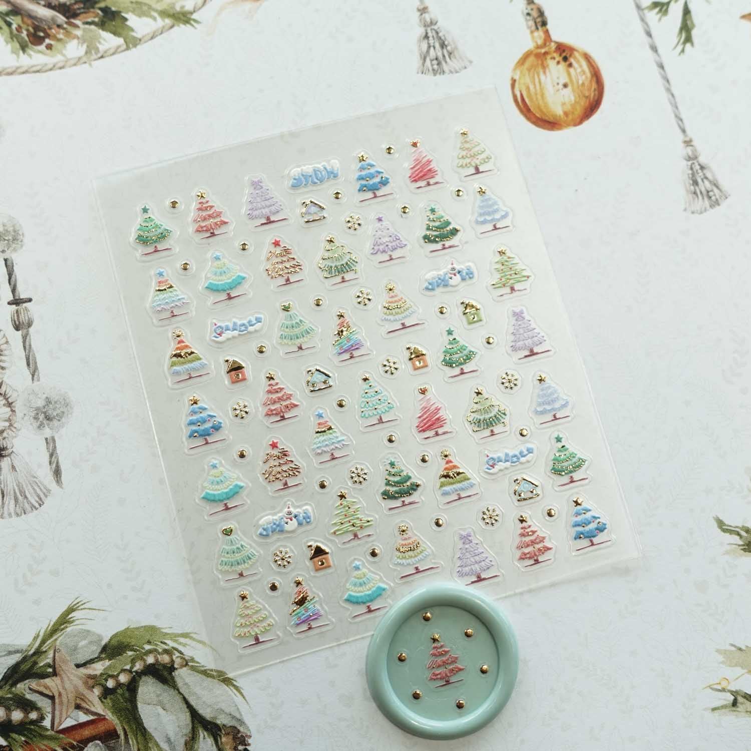 Gold & Pastel Colourful Christmas Trees 3D Clear-backed Decorative Stickers Sheet
