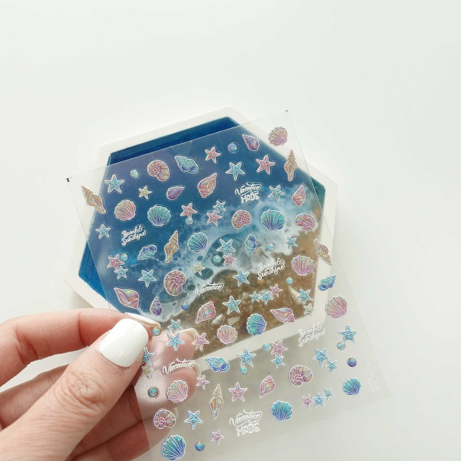 Holographic Seashells Starfish Beach 3D Clear-backed Decorative Stickers Sheet