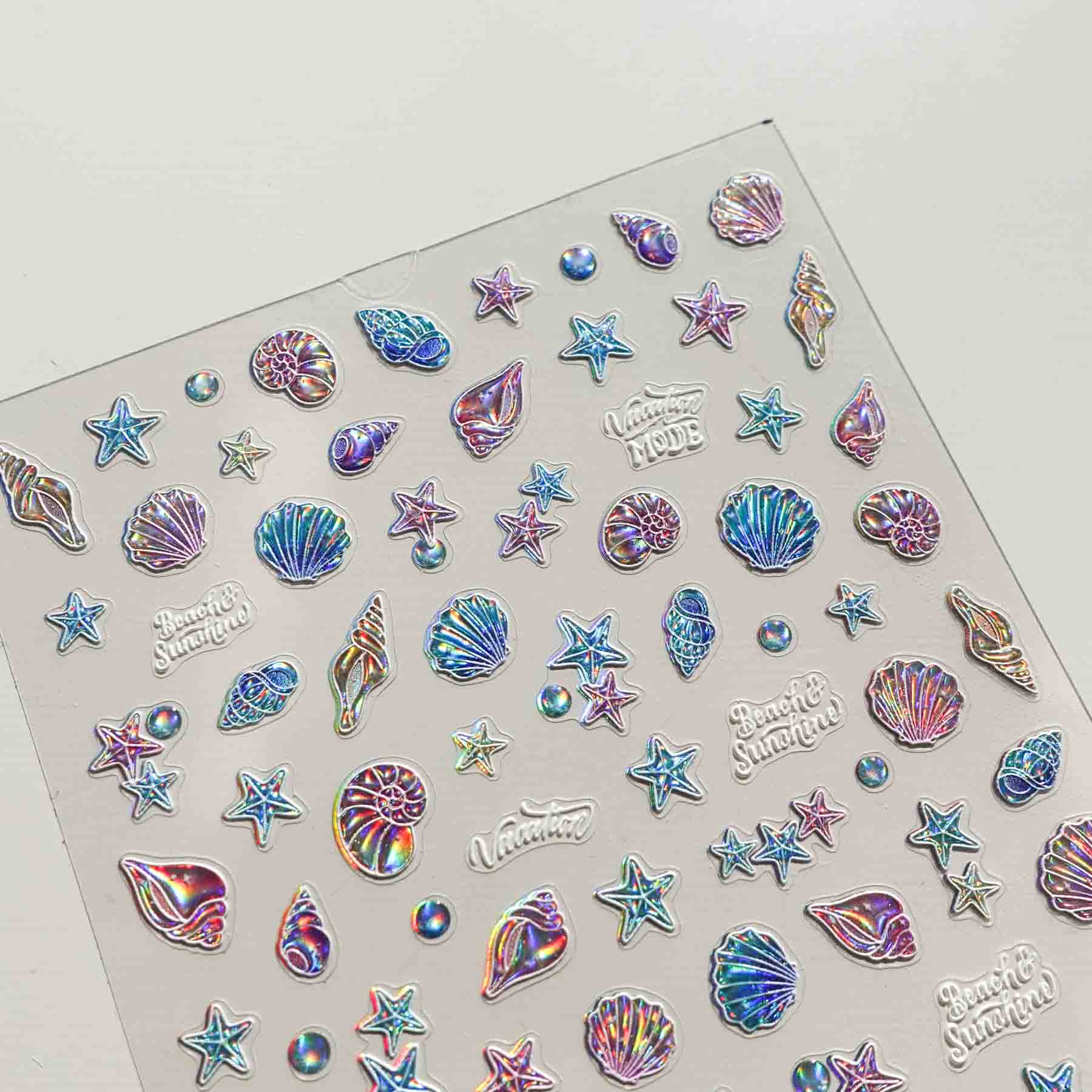 Holographic Seashells Starfish Beach 3D Clear-backed Decorative Stickers Sheet