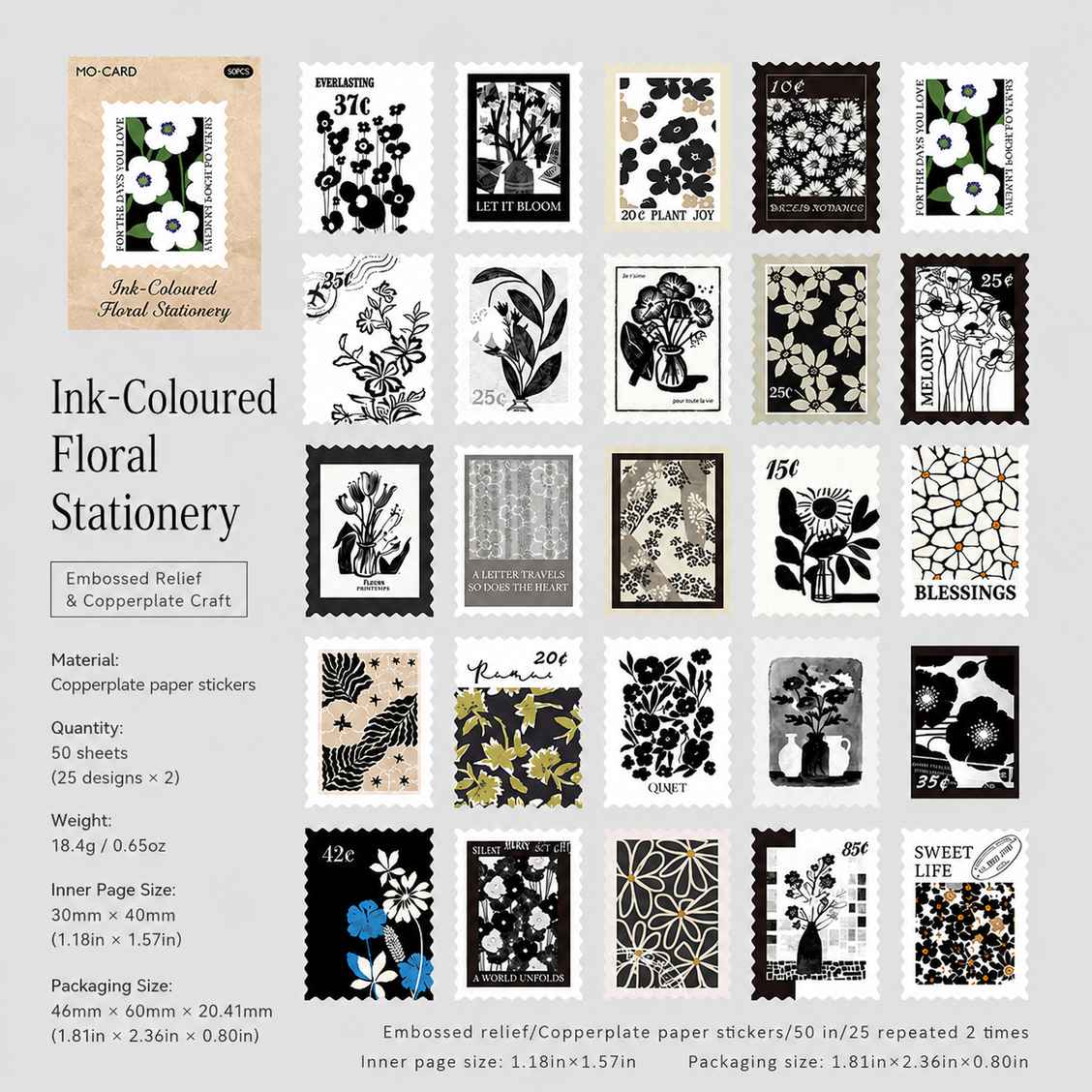 Ink-Colored Floral Stationery Black Retro Postage Stamp Style Matchbox Flake Stickers