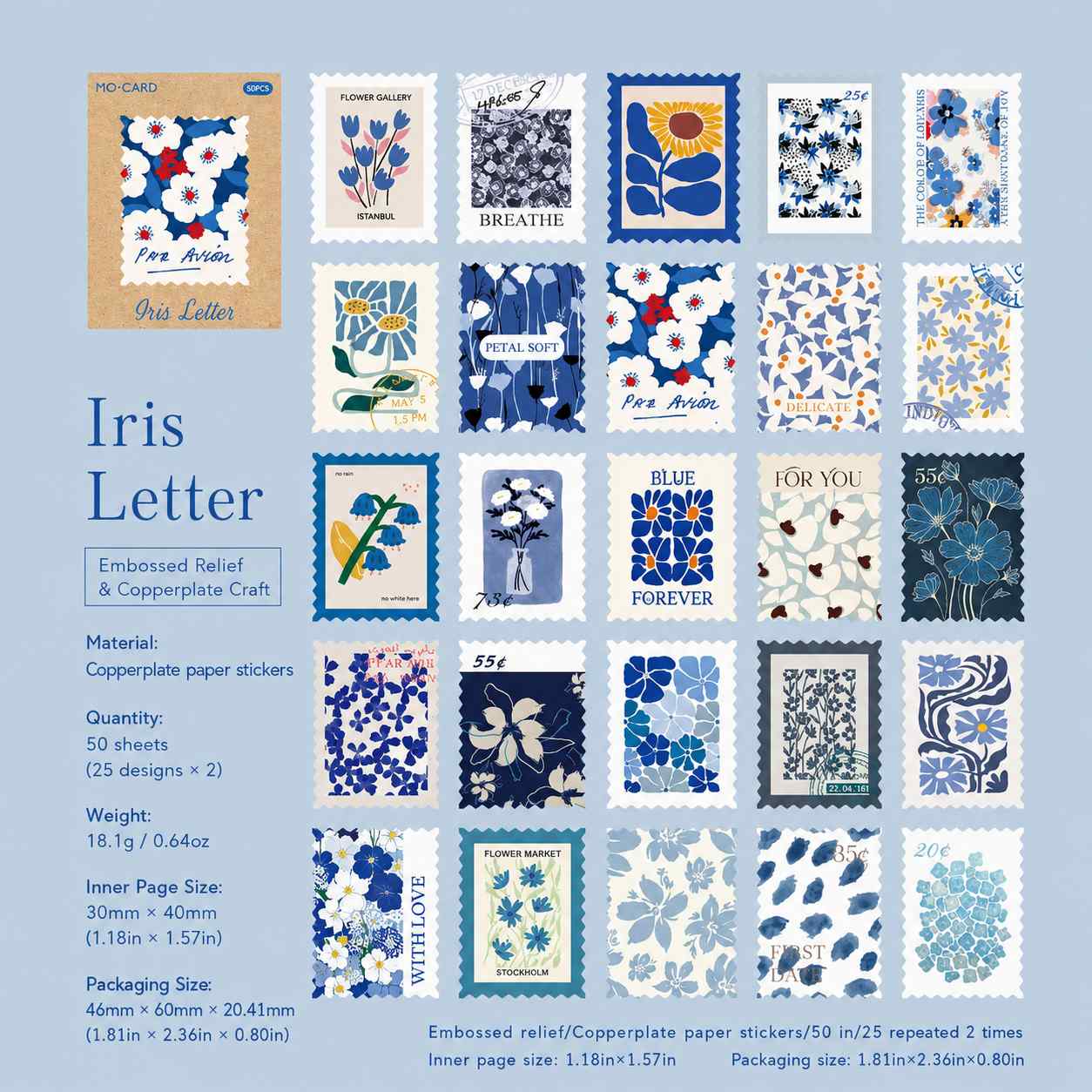 Iris Letter Blue Retro Postage Stamp Style Matchbox Flake Stickers