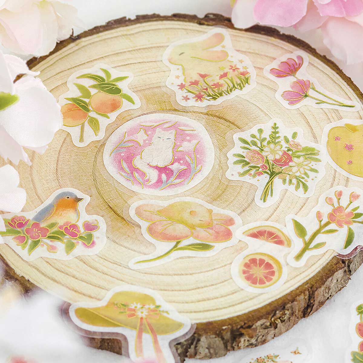 Pink Strawberries Fox Rabbit Lamb | 'Little Forest' | Planner Flake Stickers | BGM