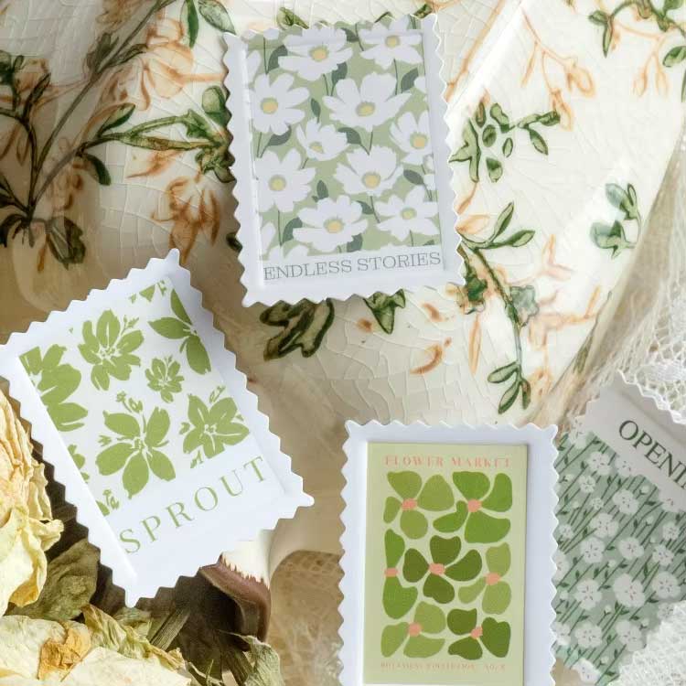 Moss Flower Green Seal Retro Postage Stamp Style Matchbox Flake Stickers