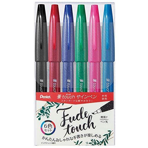 Pentel Fude Touch Sign Brush Pens 6 pack Set | Set A - Assorted Classic Colours