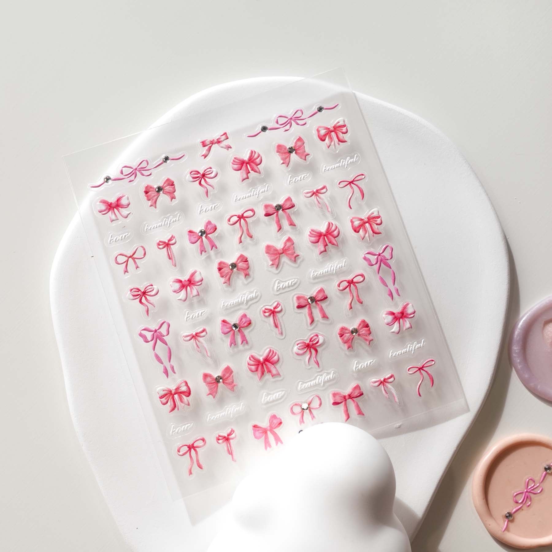 Pink Ribbon Bow Diamante 3D Clear-backed Decorative Stickers Sheet
