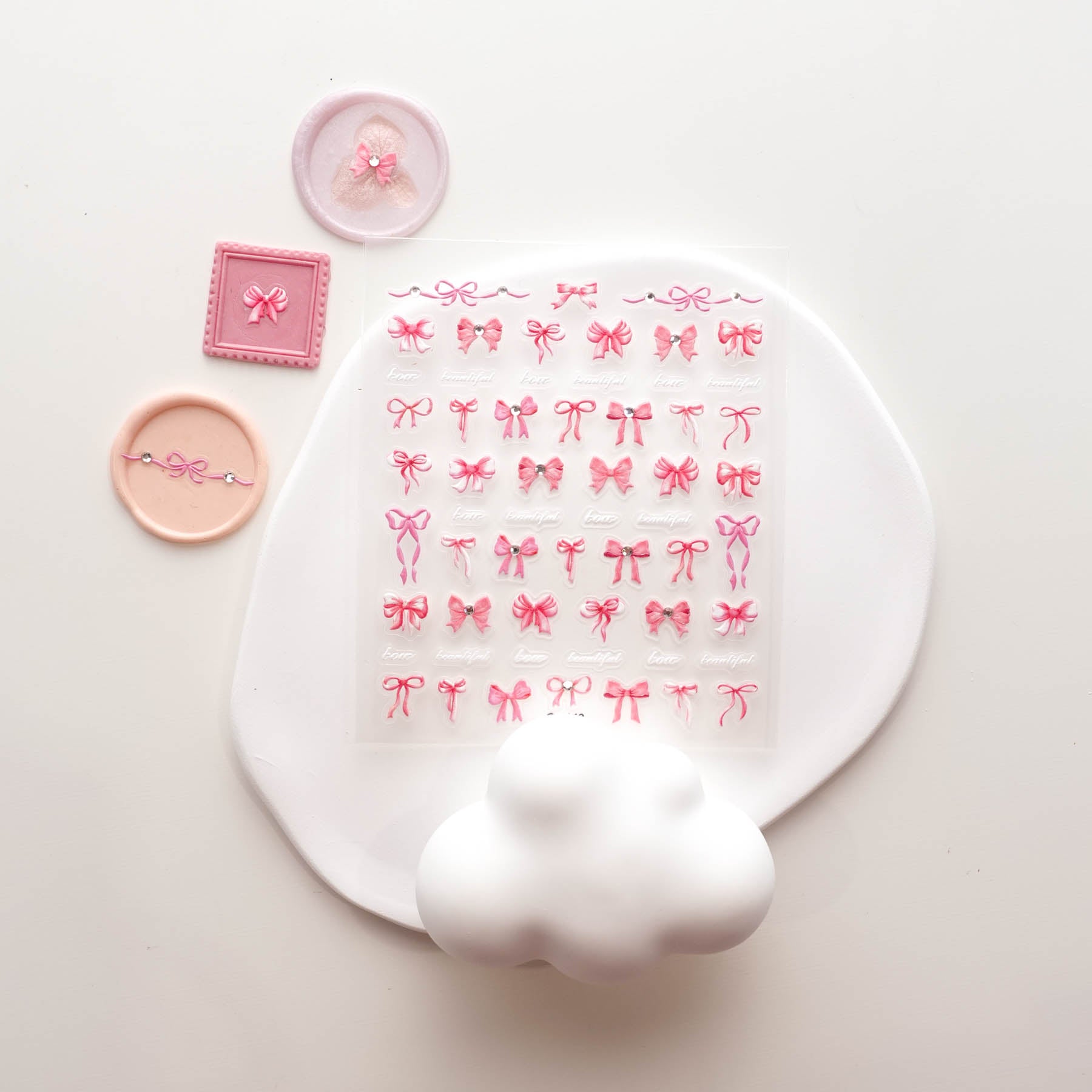 Pink Ribbon Bow Diamante 3D Clear-backed Decorative Stickers Sheet
