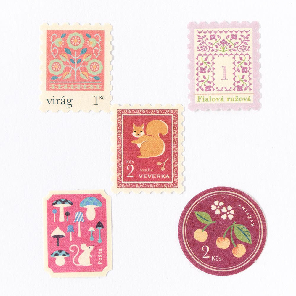 Pink Squirrel Mouse Cherries 'Fake' Faux Postage Stamp Decorative Stickers | 'Antik Piae' Series