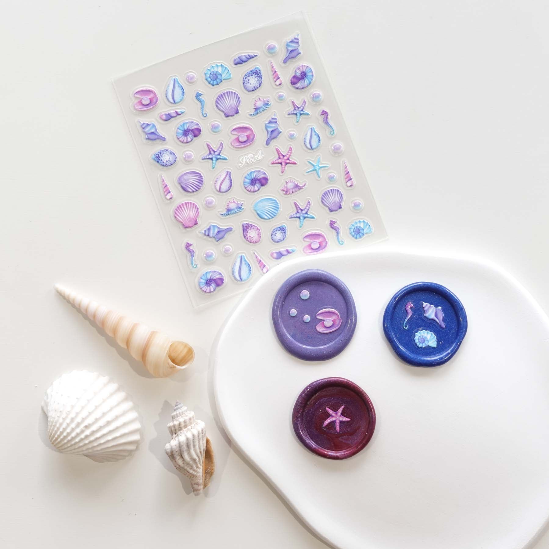 Purple & Blue Seashells Seahorse Starfish 3D Clear-backed Decorative Stickers Sheet