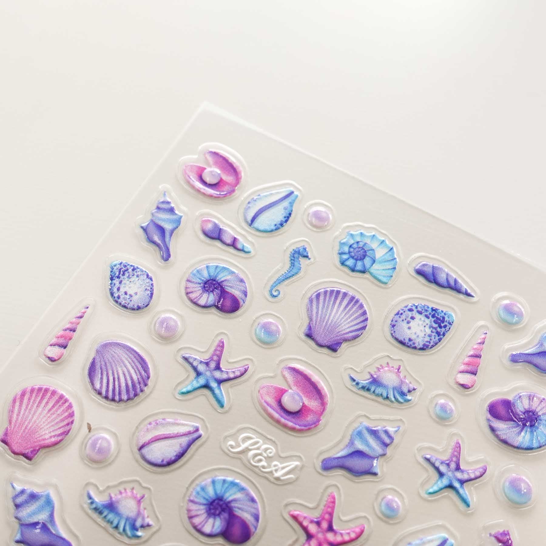 Purple & Blue Seashells Seahorse Starfish 3D Clear-backed Decorative Stickers Sheet