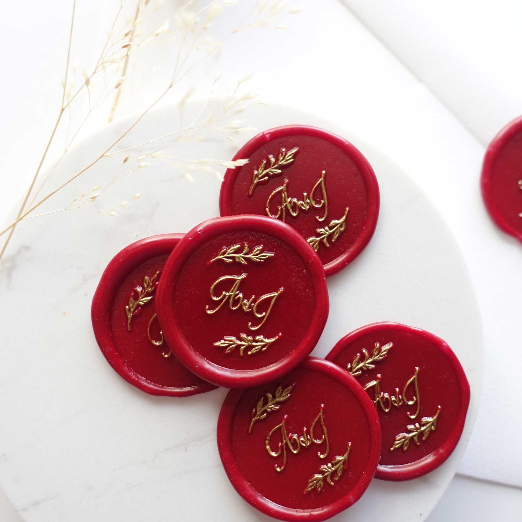 Spring Sprigs Wedding Initials Premade Custom Wax Seal Self Adhesive Stickers with leaf Bulk Australia