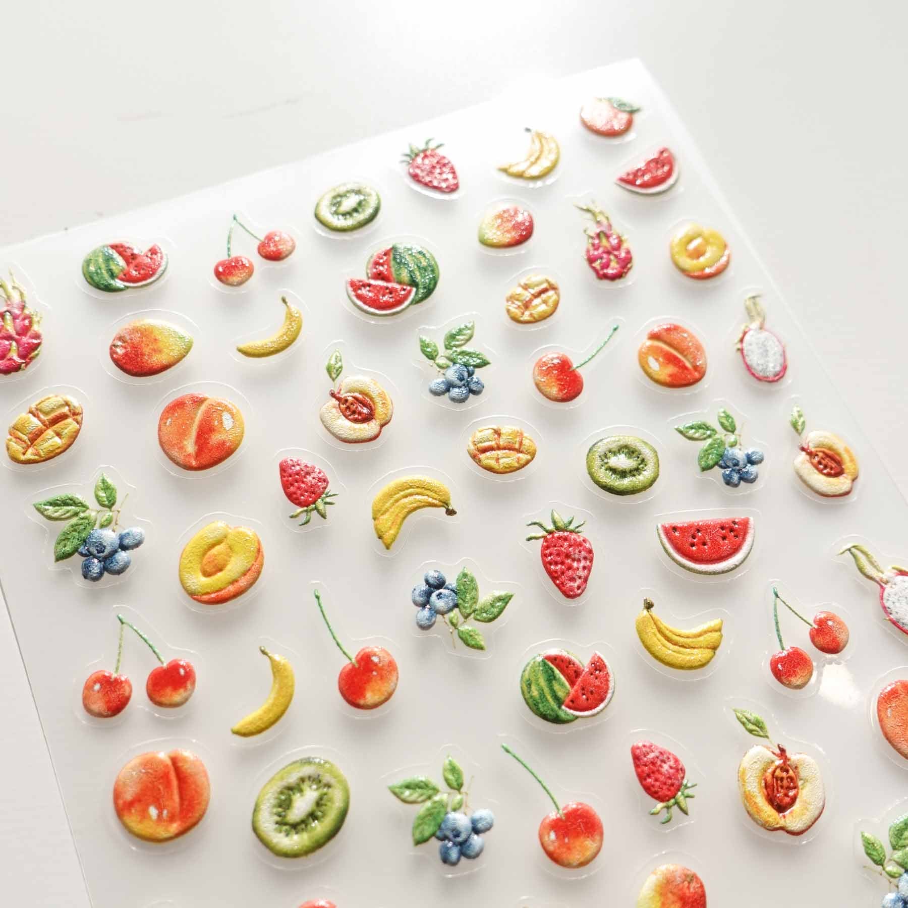 Tropical Fruit Strawberry Mango Watermelon Kiwi Banana 3D Clear-backed Decorative Stickers Sheet