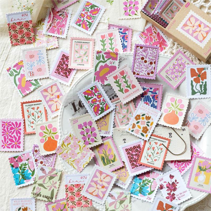 Vermilion Floral Letter Pink Retro Postage Stamp Style Matchbox Flake Stickers
