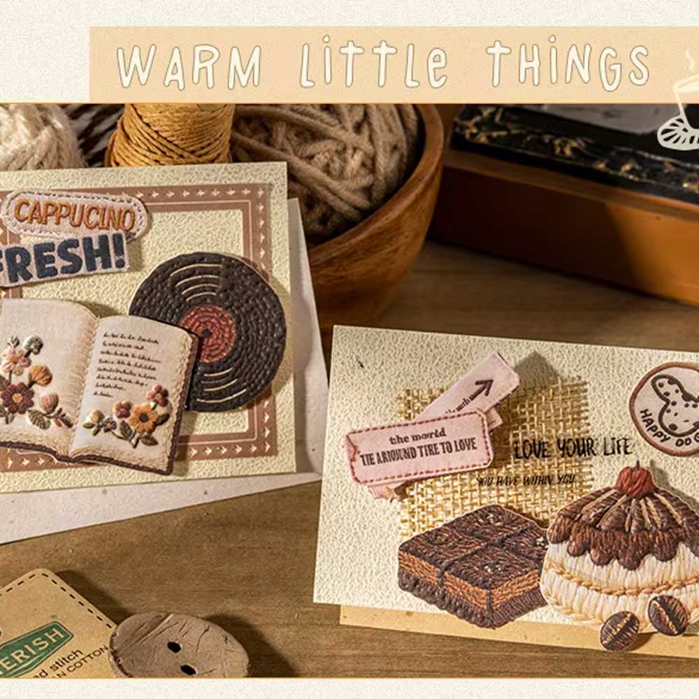 Books Coffee 'Warm Little Things' Embroidery Style Paper Flake Stickers