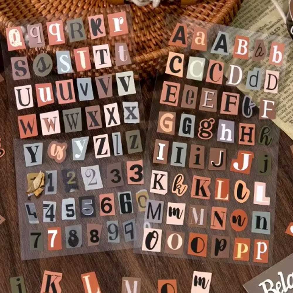 Brown A to Z Alphabet 'Belated Retro' Letters Magazine Cutout 2-Sheet Sticker Sheet