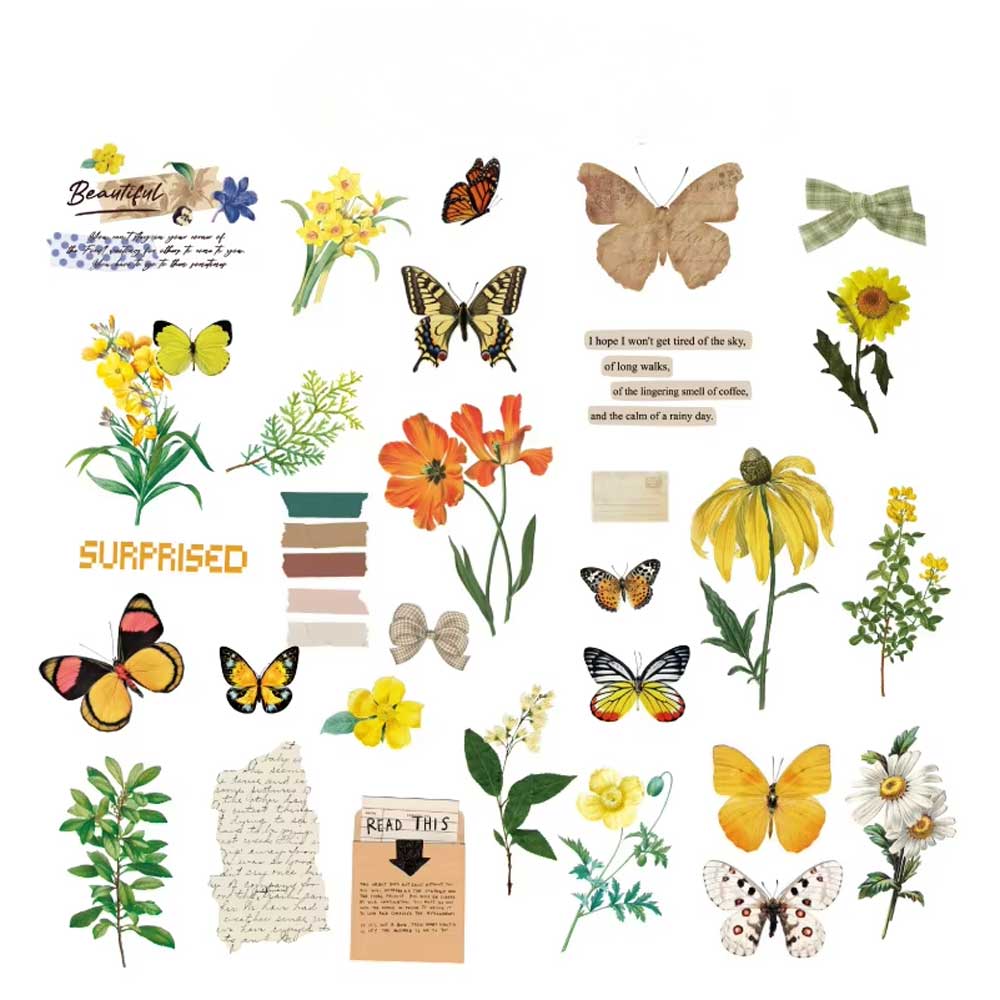 Butterfly Summer Flowers Yellow 'Retro Collection' Flake Stickers