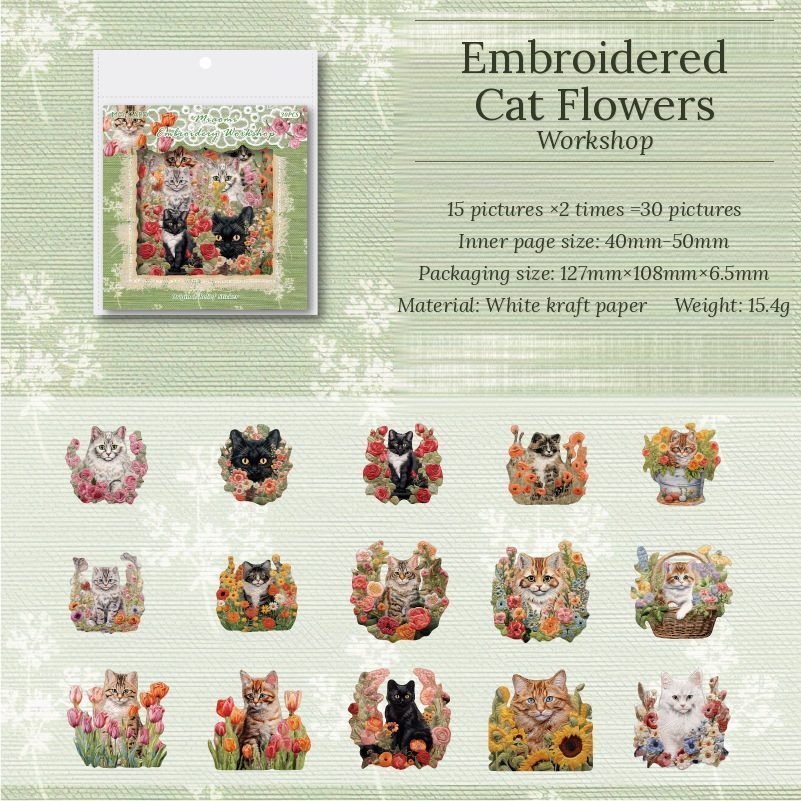 Embroidered Cat Flowers Workshop Paper Flake Stickers