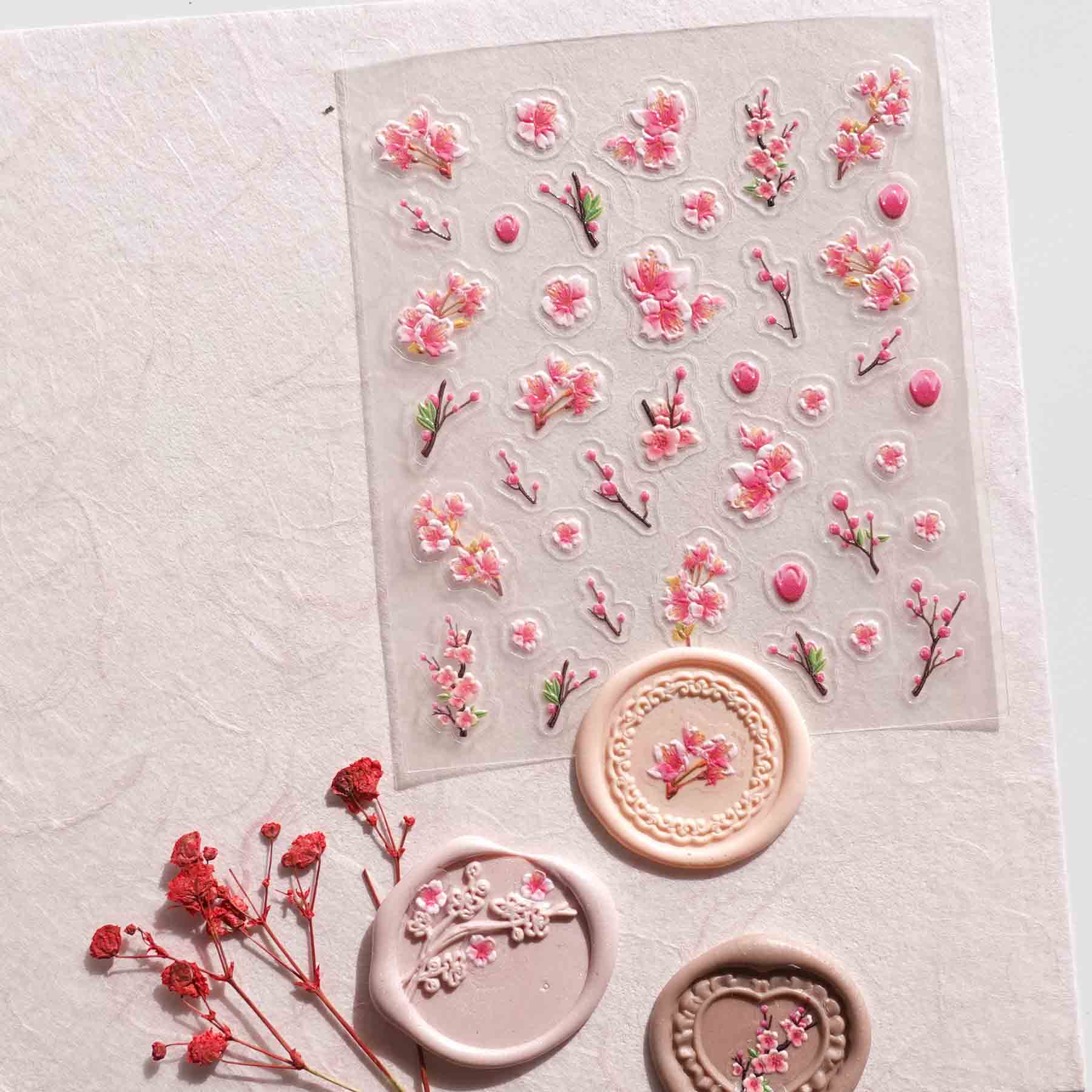 Cherry Plum Blossom Pink 3D Clear-backed Decorative Stickers Sheet