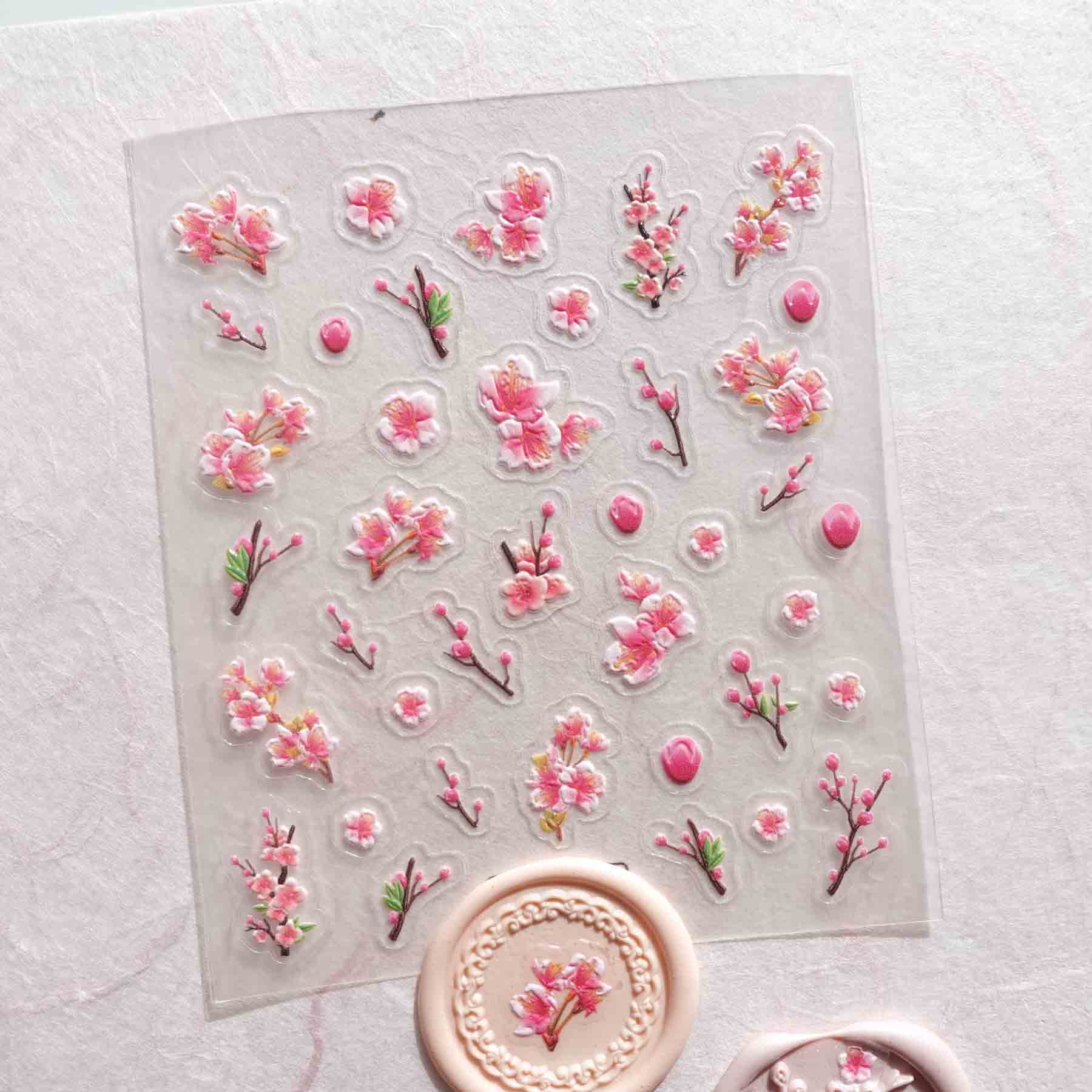 Cherry Plum Blossom Pink 3D Clear-backed Decorative Stickers Sheet