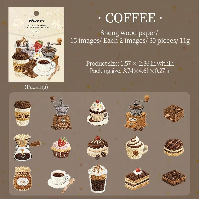 Coffee 'Warm Little Things' Embroidery Style Paper Flake Stickers