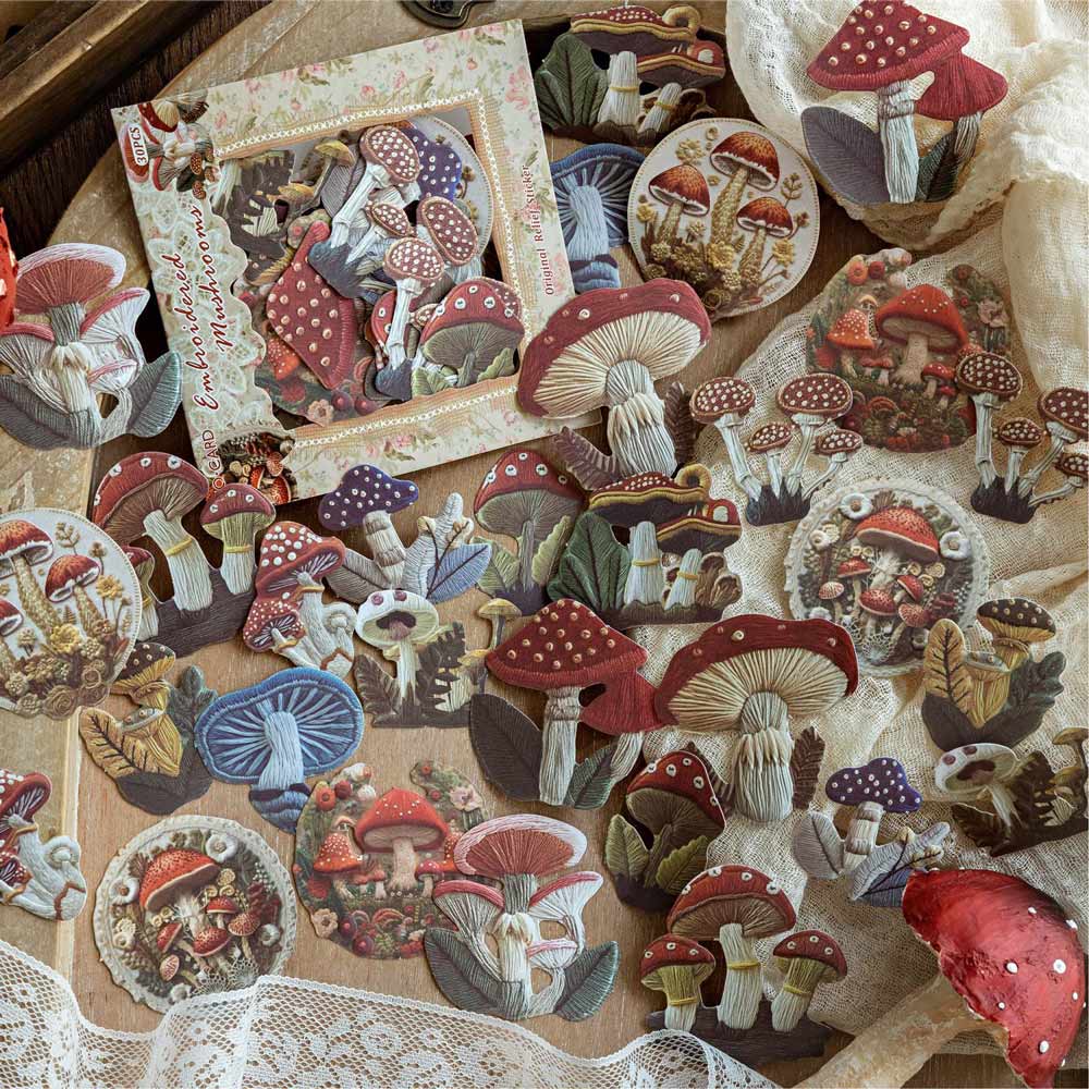 Embroidered Mushrooms Paper Flake Stickers