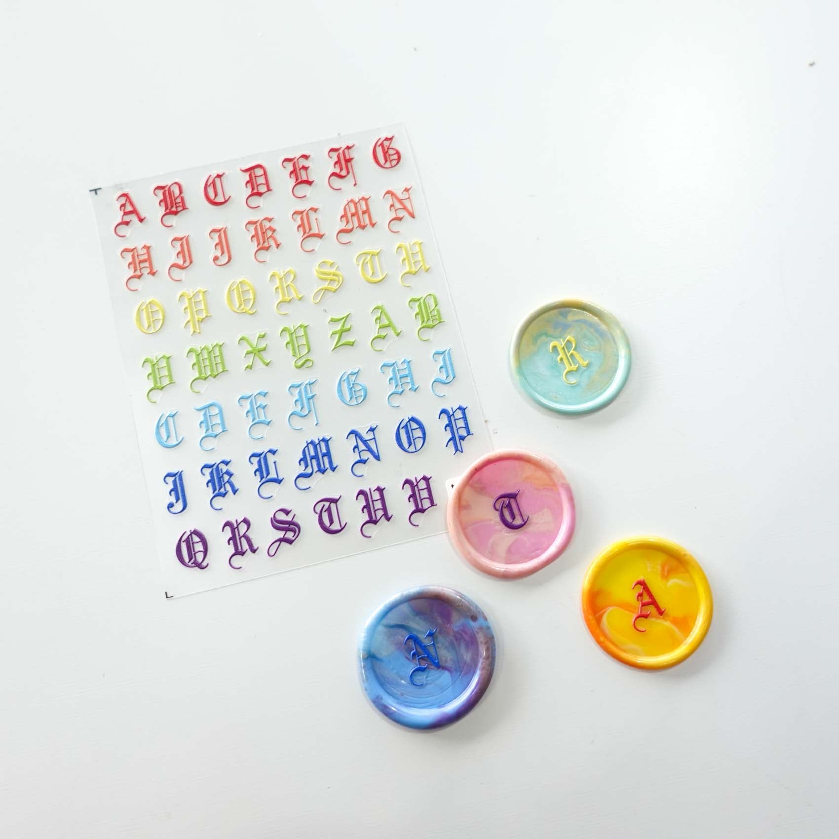 Rainbow 3D Alphabet Letters Gothic Script Clear-Backed Decorative Stickers Sheet