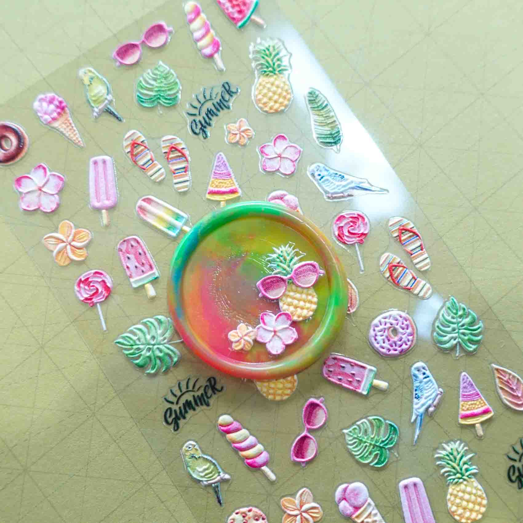 Tropical Ice Cream Treats 3D Clear-Backed Decorative Stickers Sheet