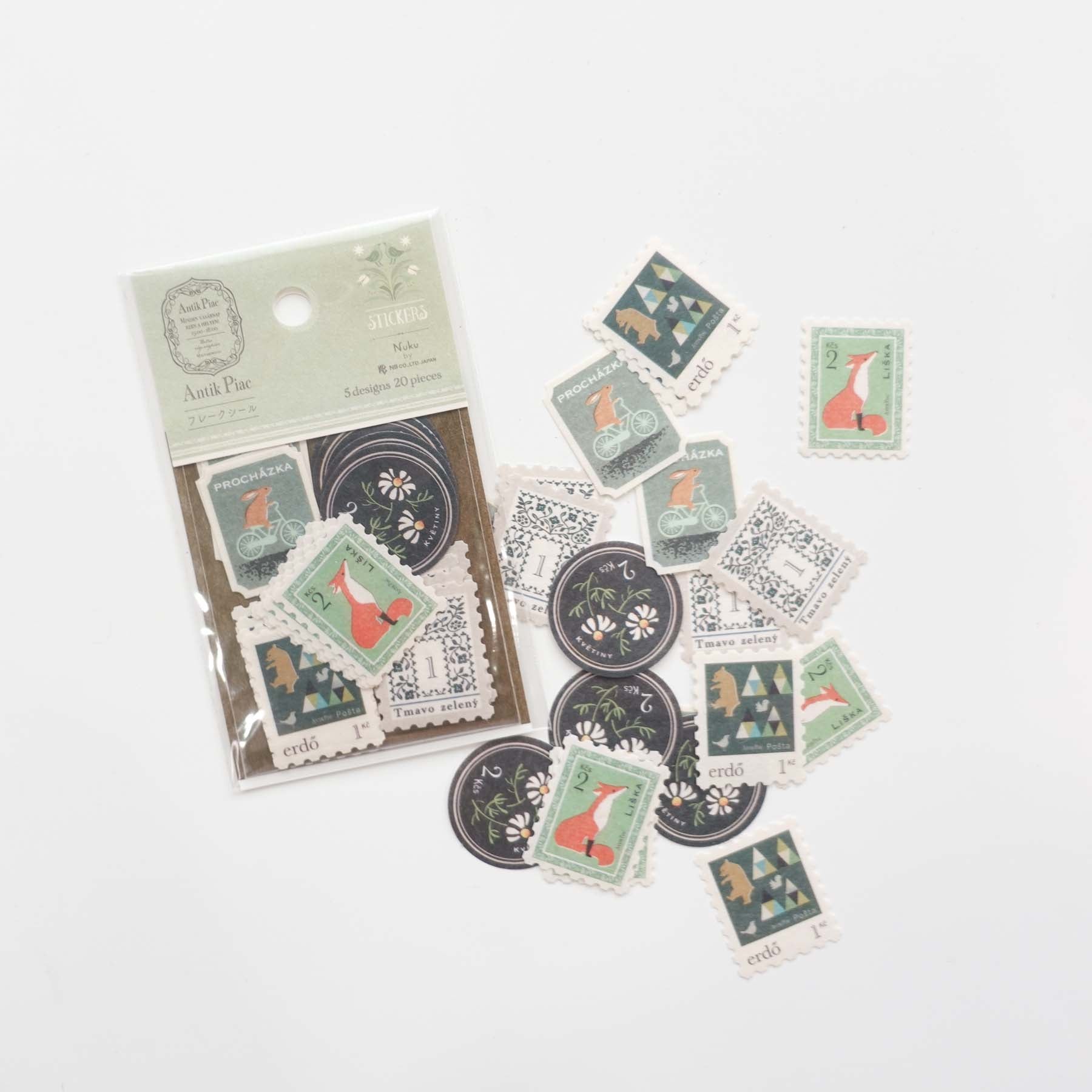 Green Fox Bear Rabbit Woodland Theme 'Fake' Postage Stamp Decorative Stickers | 'Antik Piae' Series