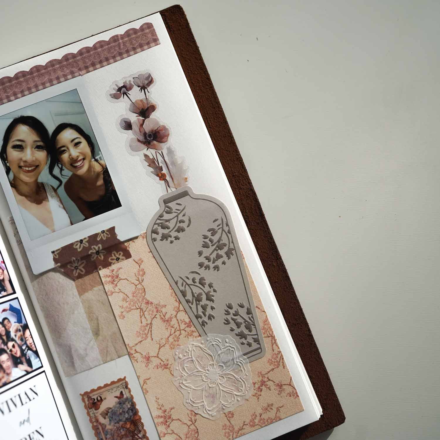 Mysterious Flower Mist Watercolour Beige Sepia Flake Stickers journal spread