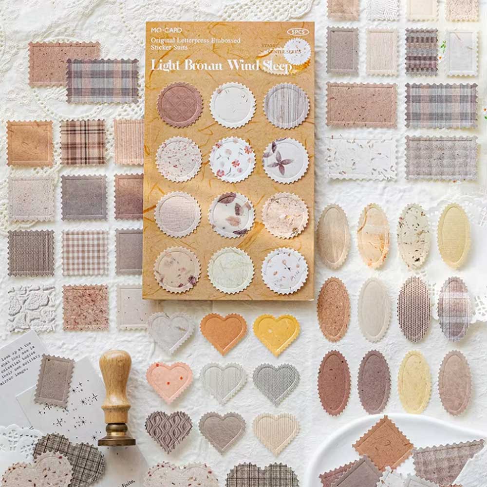 Light Brown Wind Sleep 'Stamp Gentle' Letterpress Debossed 5-sheet Stickers Sheet