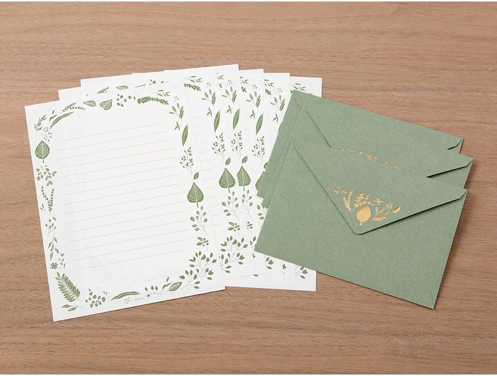 Moss Green Leaf Pattern Foil Stamped Letter Writing Set