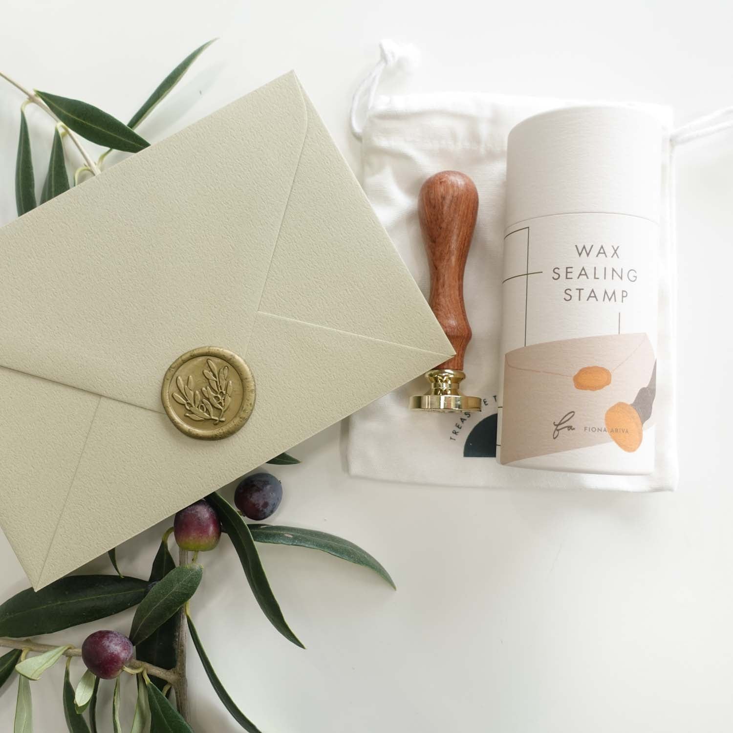 olive leaves laurel wedding wax seal stamp green gold fiona ariva australia