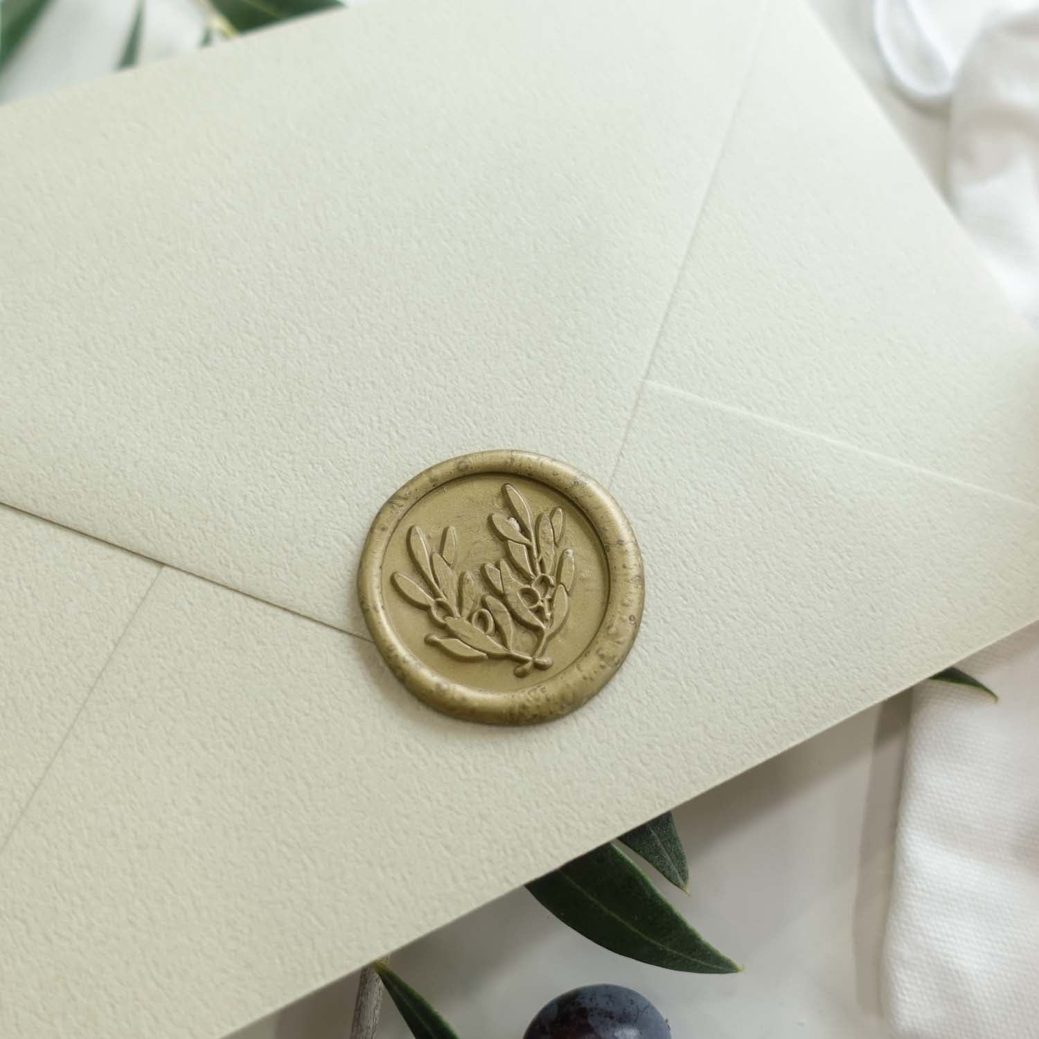 olive leaves laurel wedding wax seal green gold fiona ariva australia