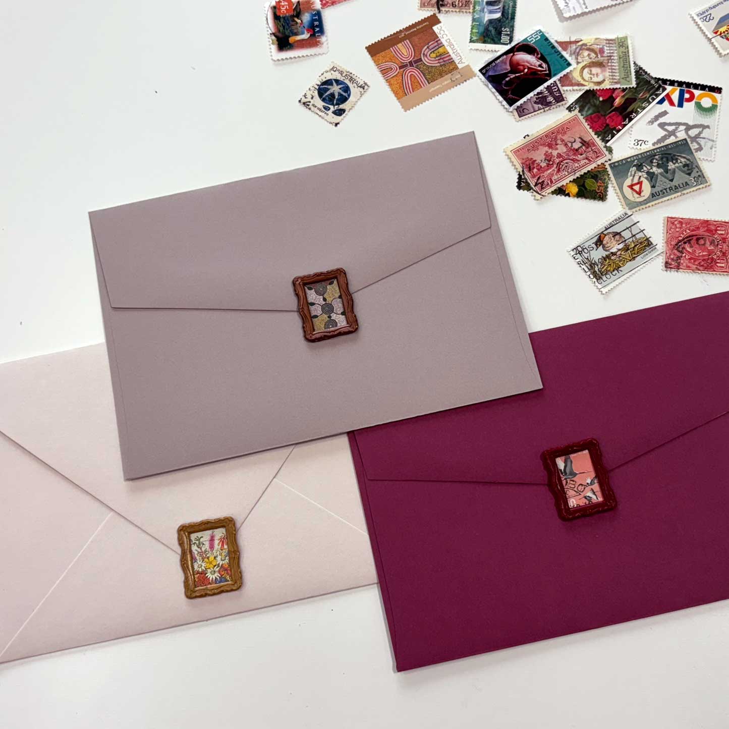 traditional rectangle picture frame wax seal stamp with postage stamps fiona ariva australia