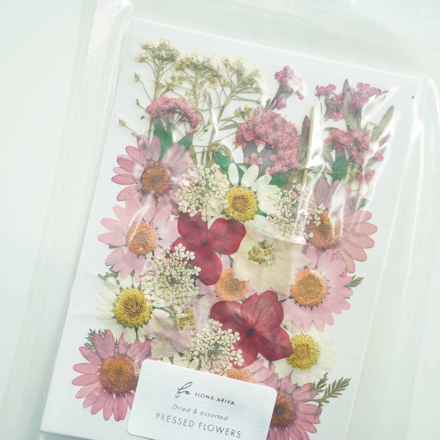 A packaged assortment of pressed flowers on a white backing card, featuring pink, red, yellow, and white blooms with green stems, sealed in clear plastic with a visible brand label at the bottom.