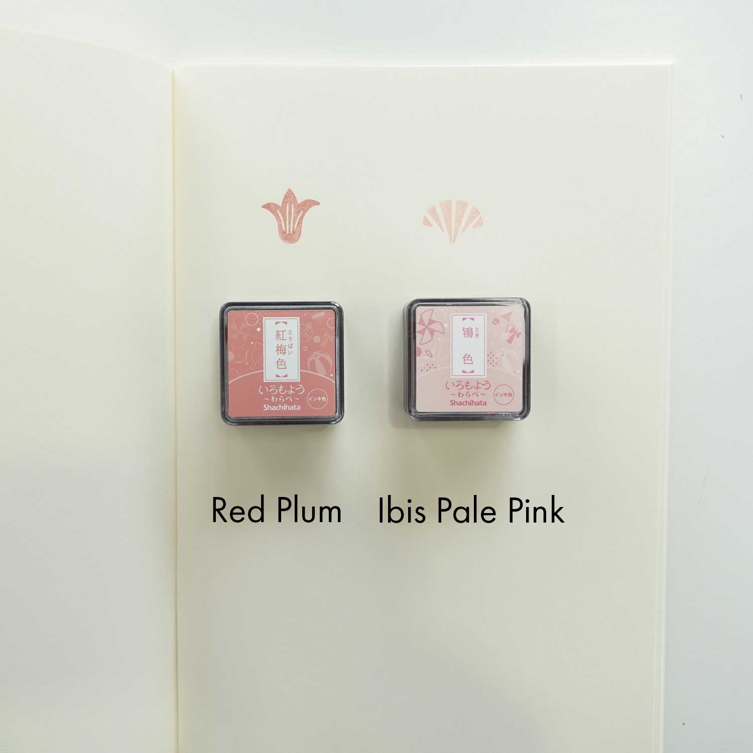 Shachihata 'Iromoyo Warabe' Series Mini Stamp Ink Pad - Ibis Pale Pink vs Red Plum Comparison