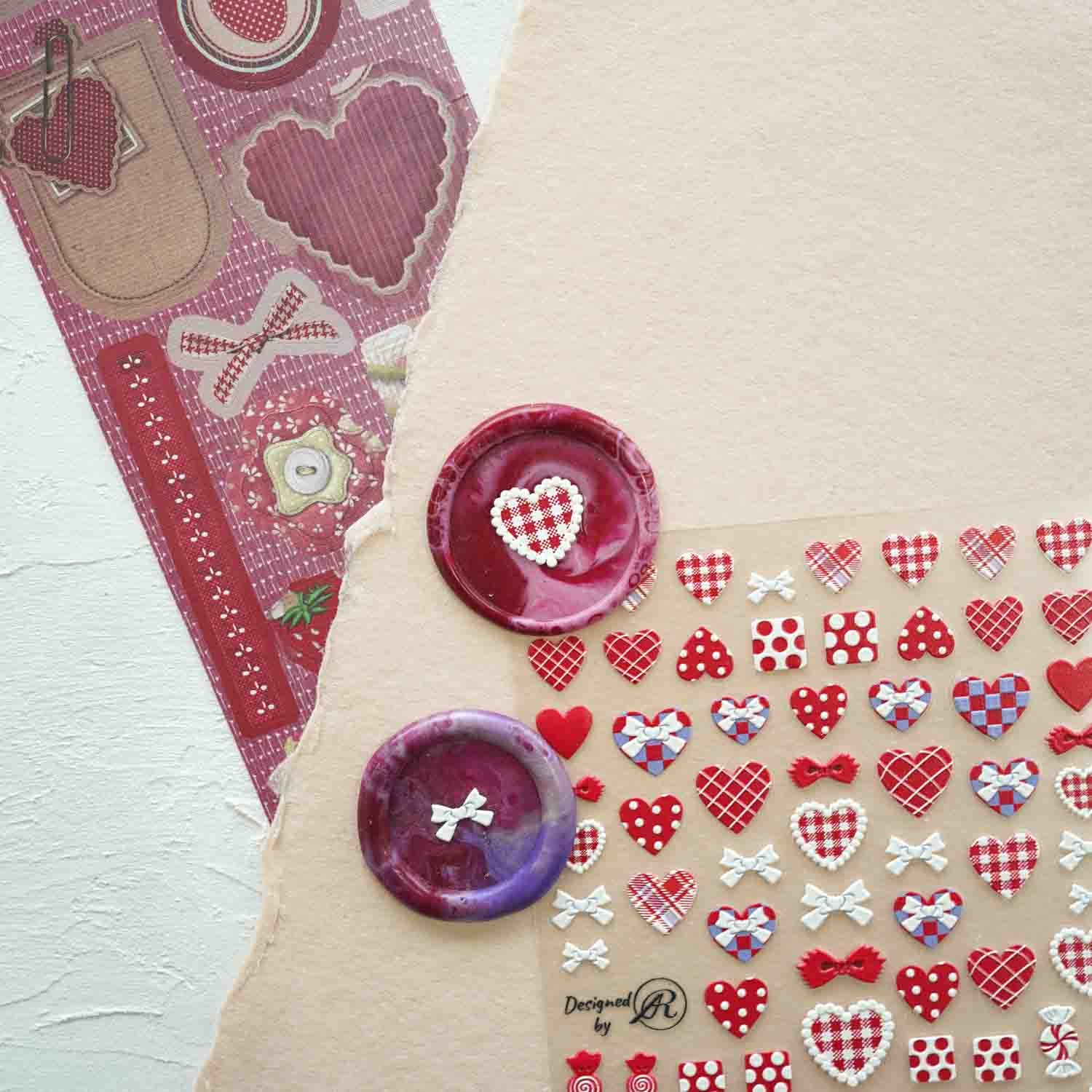 Patchwork Red Hearts 3D Clear-backed Decorative Stickers Sheet