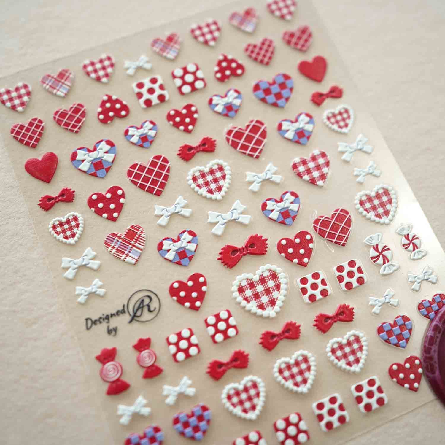 Patchwork Red Hearts 3D Clear-backed Decorative Stickers Sheet