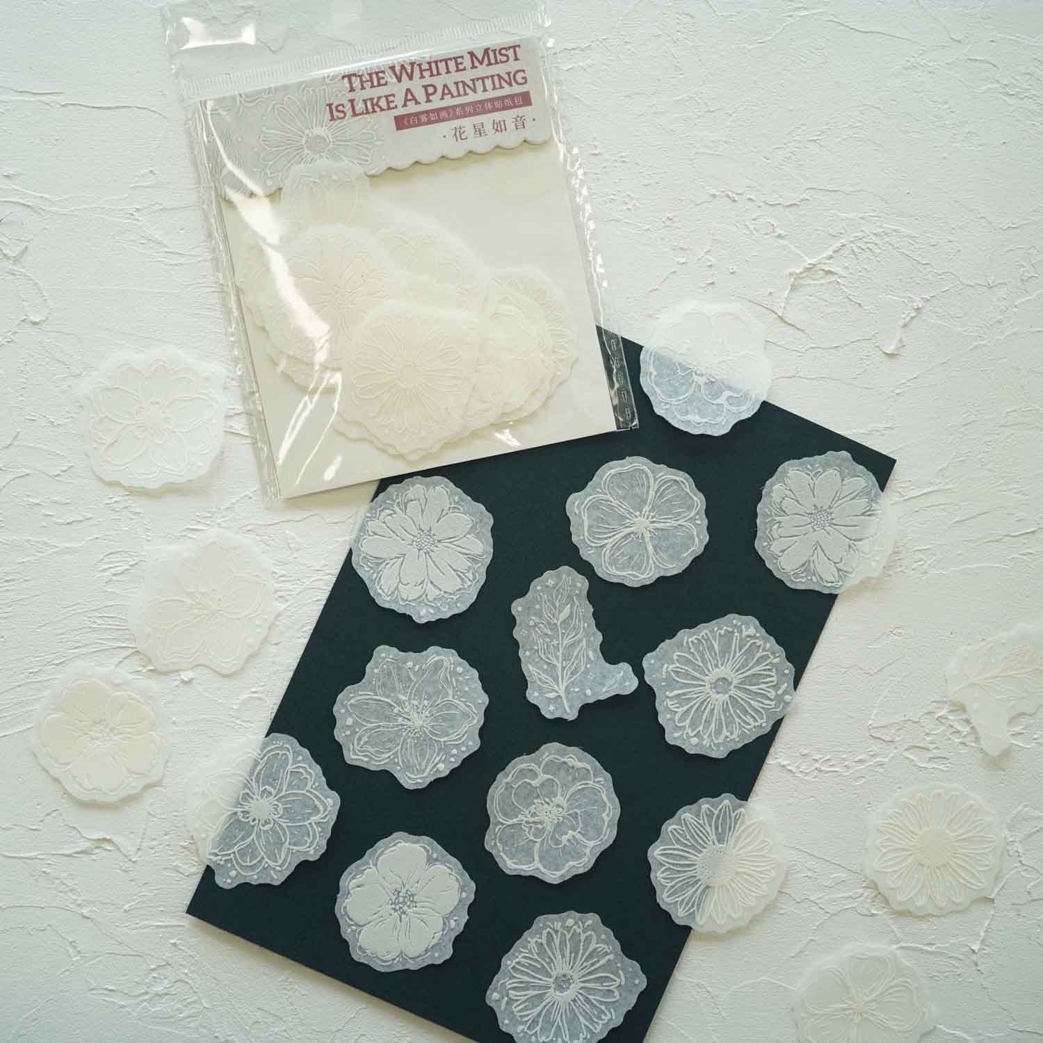 Embossed Flowers 'The White Mist Is Like A Painting' Flake Stickers